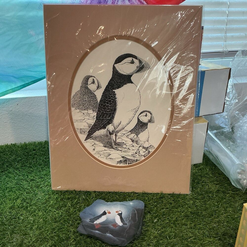 Puffin Bird Art Lot Fred Hartman 1996 Matted Print & Painted Slate Plaque